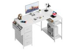 EcoFurnix Modern L-Shaped Corner Desk with Storage - White Metal, 120x78cm, Ergonomic, Easy-Clean - thumbnail 2