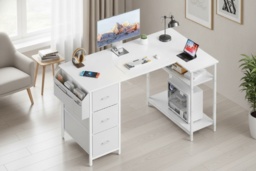 EcoFurnix Modern L-Shaped Corner Desk with Storage - White Metal, 120x78cm, Ergonomic, Easy-Clean - thumbnail 2