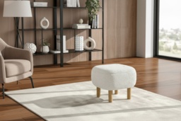 Beige Upholstered Footstool Pouffe with Durable Wooden Legs - thumbnail 2