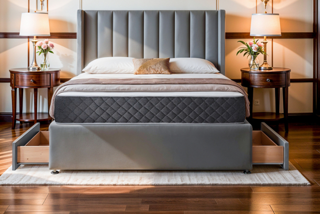 PRICE DROP! Light Grey Plush Divan Bed with Storage & Orthopaedic Mattress - image 1
