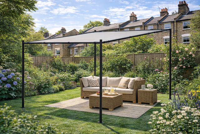 PRICE DROP! 8FT x 8FT Slanted Pergola with Retractable Canopy & Steel Frame - image 1