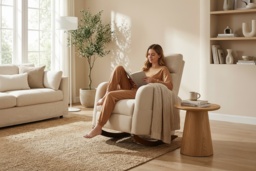 Beige Corduroy Rocking Armchair - Ergonomic Scandi Lounge Chair, 120kg Capacity - thumbnail 2
