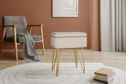 Multifunctional Upholstered Storage Ottoman Stool with Wood Tray Top - thumbnail 3