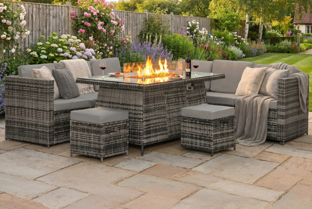 CLEARANCE! 8-Seater Modern Rattan Garden Dining Set with Fire Pit Table - Weather-Resistant PE Wicker - image 1