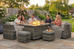 CLEARANCE! 8-Seater Modern Rattan Garden Dining Set with Fire Pit Table - Weather-Resistant PE Wicker - thumbnail 2