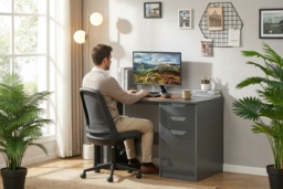 Contemporary Grey Computer Desk with Storage Cabinet & Drawers - Easy-Clean, Space-Saving Living Room Desk - thumbnail 2