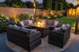 Lotus 10-Seater Rattan Dining Set with Fire Pit Table - Weather-Resistant Outdoor Furniture - thumbnail 1