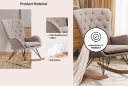 Velvet Padded Rocking Chair with High Back & Oak Runners - thumbnail 4