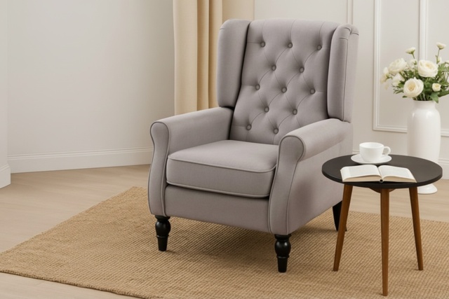 HOMCOM Retro Wingback Armchair - Grey Upholstered, High-Back, Eucalyptus Wood, 160kg Capacity, Classic Lounge Chair - image 1