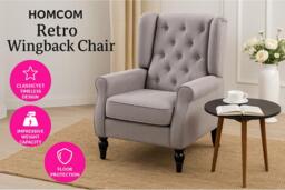HOMCOM Retro Wingback Armchair - Grey Upholstered, High-Back, Eucalyptus Wood, 160kg Capacity, Classic Lounge Chair - thumbnail 2
