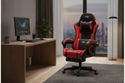 EcoFurnix Ergonomic Office Chair with Adjustable Lumbar Massage & Scandinavian Style - Red, Metal Frame - thumbnail 6
