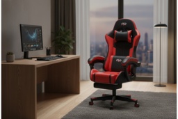 EcoFurnix Ergonomic Office Chair with Adjustable Lumbar Massage & Scandinavian Style - Red, Metal Frame - thumbnail 2