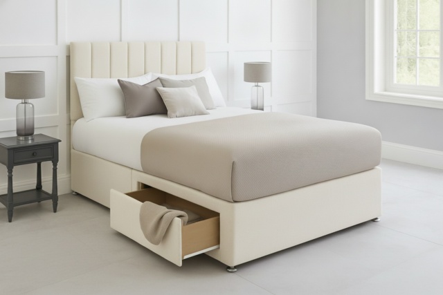Cream Divan Bed with Storage Drawers & Headboard - Premium Fabric, Multiple Sizes - image 1