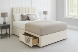 Cream Divan Bed with Storage Drawers & Headboard - Premium Fabric, Multiple Sizes
