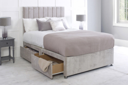 Cream Divan Bed with Storage Drawers & Headboard - Premium Fabric, Multiple Sizes
