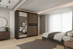 Modern Oak & Mirror Sliding Door Wardrobe - MDF Chipboard, Space-Saving Storage, 150cm or 203cm, Contemporary Bedroom Furniture - thumbnail 1