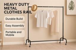 Heavy Duty Matte Metal Clothes Rail with Lockable Wheels - Extra Large Bedroom Wardrobe Storage - thumbnail 2