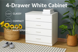 White Wooden 4-Drawer Bedroom Storage Cabinet - Modern Compact Chest, Anti-Slip, Sturdy MDF - thumbnail 6