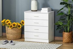 White Wooden 4-Drawer Bedroom Storage Cabinet - Modern Compact Chest, Anti-Slip, Sturdy MDF - thumbnail 1