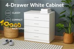 White Wooden 4-Drawer Bedroom Storage Cabinet - Modern Compact Chest, Anti-Slip, Sturdy MDF - thumbnail 2
