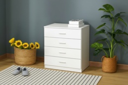 White Wooden 4-Drawer Bedroom Storage Cabinet - Modern Compact Chest, Anti-Slip, Sturdy MDF - thumbnail 3