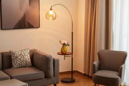 Adjustable Arc Floor Lamp with Wooden Tray - thumbnail 3