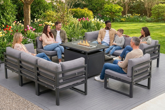 8-Seater Aluminium Outdoor Garden Dining Set with Built-In Fire Pit Table