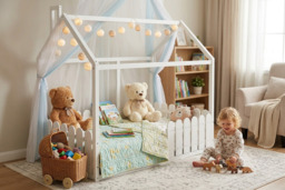 PRICE DROP! Wooden House Toddler Bed with Rooftop Frame & Fence Guard - thumbnail 1