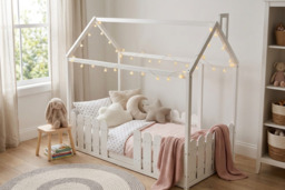 PRICE DROP! Wooden House Toddler Bed with Rooftop Frame & Fence Guard - thumbnail 2