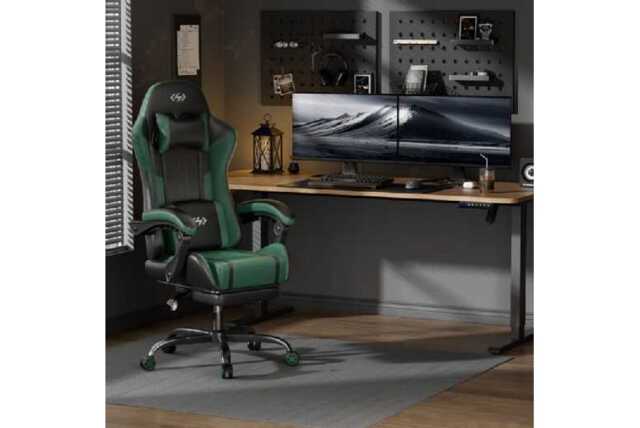 EcoFurnix Ergonomic Office Chair with Massage, Adjustable Footrest & Metal Frame - Scandi Style, Green/Black - image 1