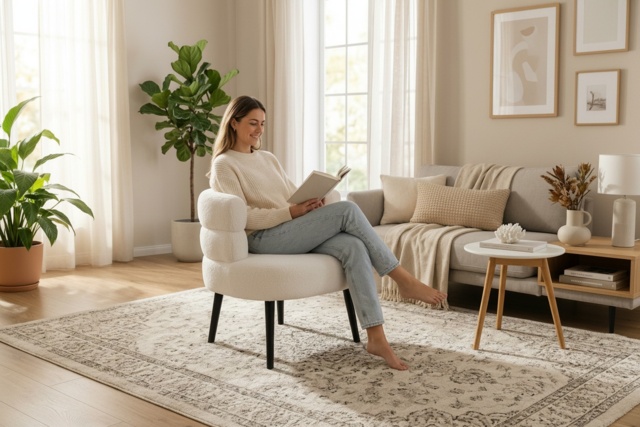 White Boucle Sherpa Fabric Armchair - Modern Compact Accent Sofa Chair with Solid Wood Legs - image 1