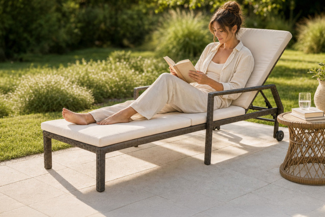 Savanna Rattan Sun Lounger Recliner with Pillow Cushions and Wheels - image 1