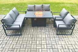 8-Seater Dark Grey Garden Sofa Set with Fire Pit Table
