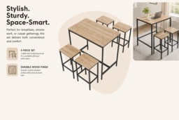 Wood-Grain Finish Table and 4 Stools with Footrests - thumbnail 7