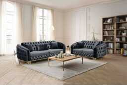 Plush Velvet Chesterfield 3+2 Seater Sofa Set - Modern Velvet Sofas with Chrome Legs, Generous Seating (Black, Grey, Blue) - thumbnail 4