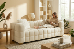 Cream Teddy Fleece Boucle 3-Seater Sofa - Modern Plush Fabric Loveseat with Scatter Pillows - thumbnail 5