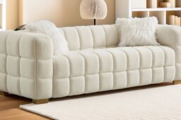 Cream Teddy Fleece Boucle 3-Seater Sofa - Modern Plush Fabric Loveseat with Scatter Pillows - thumbnail 4