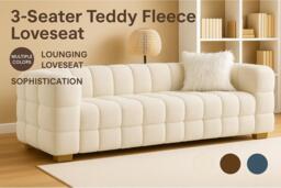 Cream Teddy Fleece Boucle 3-Seater Sofa - Modern Plush Fabric Loveseat with Scatter Pillows - thumbnail 2