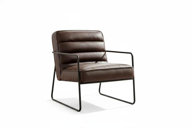 PRICE DROP! Mid-Century Ribbed PU Leather Armchair with Sleek Metal Base - Brown - image 1