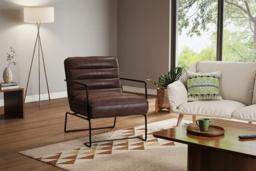 PRICE DROP! Mid-Century Ribbed PU Leather Armchair with Sleek Metal Base - Brown - thumbnail 7