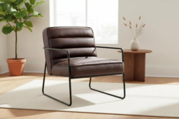 PRICE DROP! Mid-Century Ribbed PU Leather Armchair with Sleek Metal Base - Brown - thumbnail 6