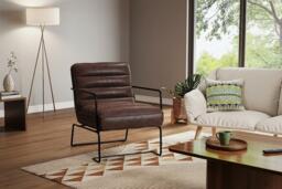 PRICE DROP! Mid-Century Ribbed PU Leather Armchair with Sleek Metal Base - Brown - thumbnail 3
