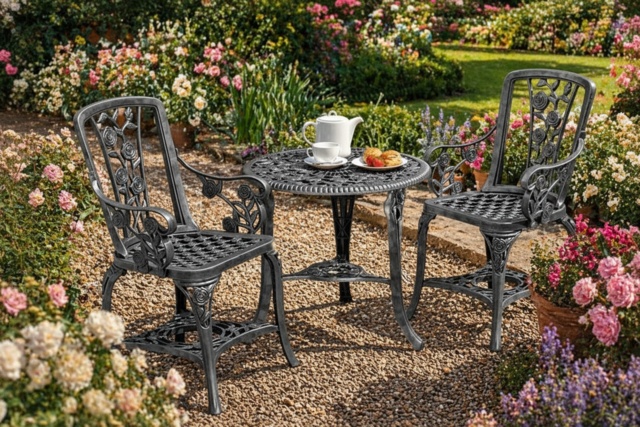 3-Piece UV-stabilised PVC Rose Bistro Set - Pewter, Compact Garden Patio Furniture - image 1