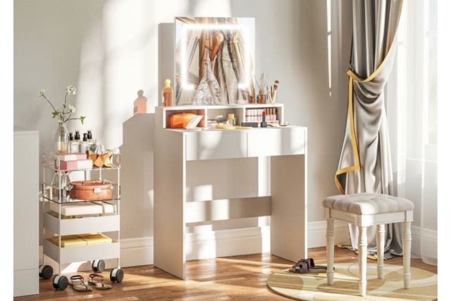 White LED Vanity Dressing Table - 2 Drawer Contemporary Bedroom Makeup Desk with Touch Sensor Mirror - image 1