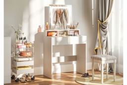 White LED Vanity Dressing Table - 2 Drawer Contemporary Bedroom Makeup Desk with Touch Sensor Mirror - thumbnail 1