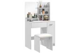 Contemporary White Dressing Table Set with Mirror, Cushioned Stool & Storage - Bedroom Vanity Furniture - thumbnail 2