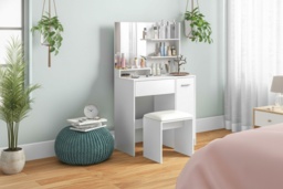 Contemporary White Dressing Table Set with Mirror, Cushioned Stool & Storage - Bedroom Vanity Furniture