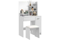 Contemporary White Dressing Table Set with Mirror, Cushioned Stool & Storage - Bedroom Vanity Furniture - thumbnail 6