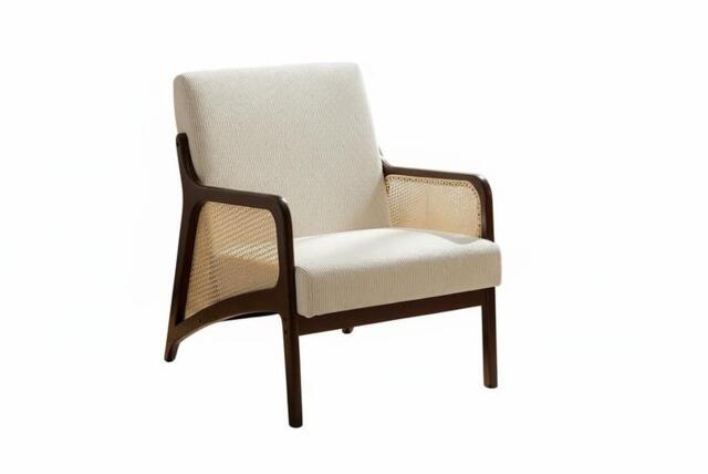 Beige Corduroy Armchair Featuring Stylish Rattan Armrests and Wood Frame - image 1
