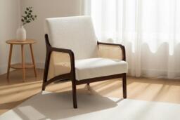 Beige Corduroy Armchair Featuring Stylish Rattan Armrests and Wood Frame - thumbnail 2